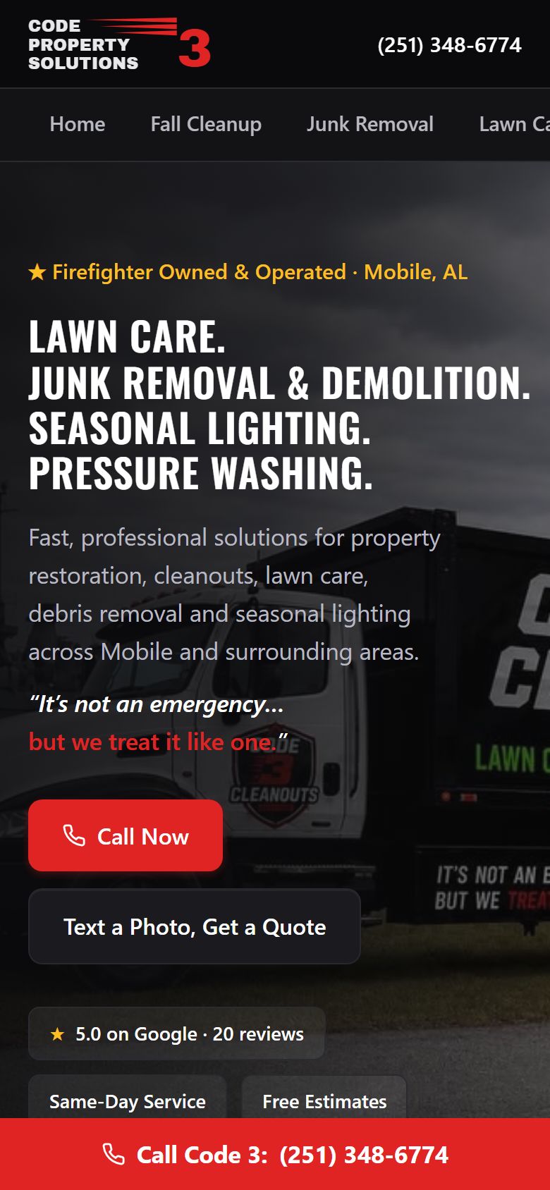 Code 3 Property Solutions homepage on a phone