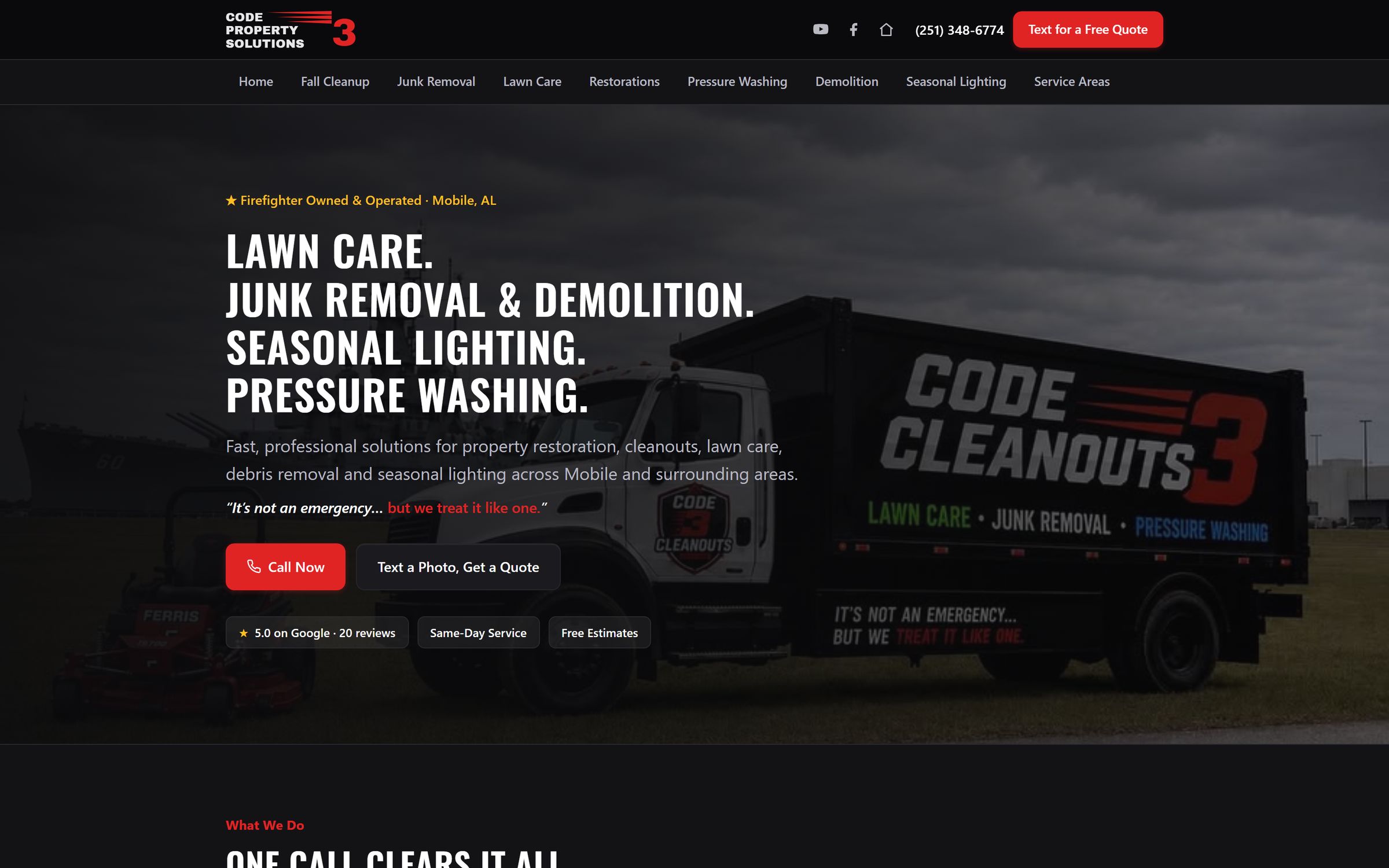 Homepage of Code 3 Property Solutions on a desktop screen